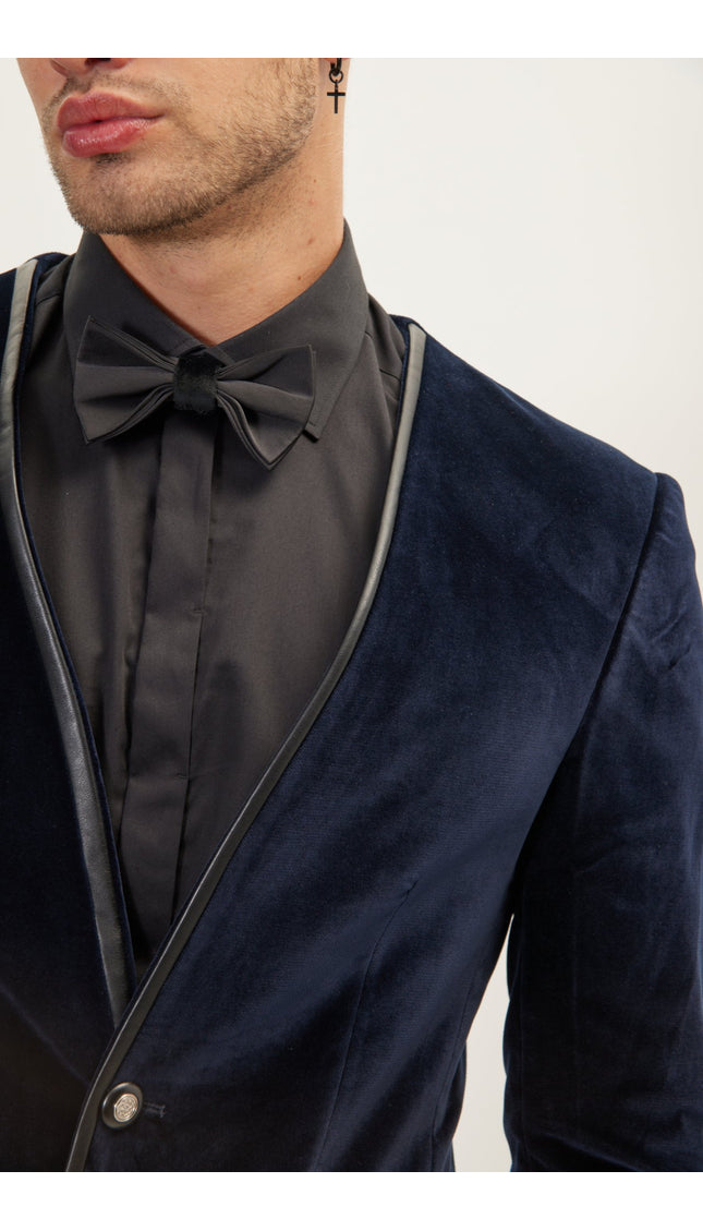 Collarless Italian Velvet Tuxedo Jacket - Navy - Ron Tomson