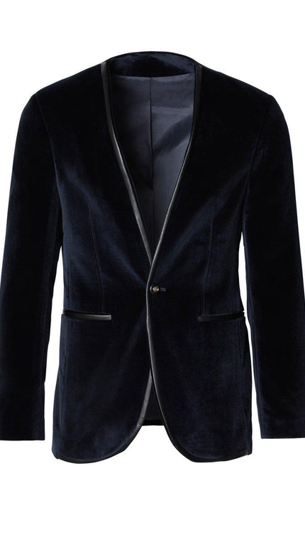 Collarless Italian Velvet Tuxedo Jacket - Navy - Ron Tomson