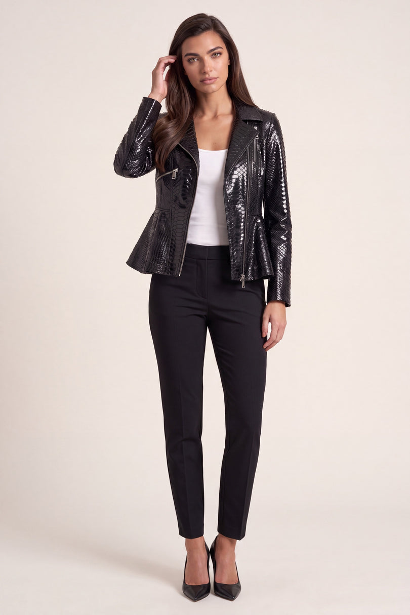 Snakeskin Peplum Jacket - Black - front view
