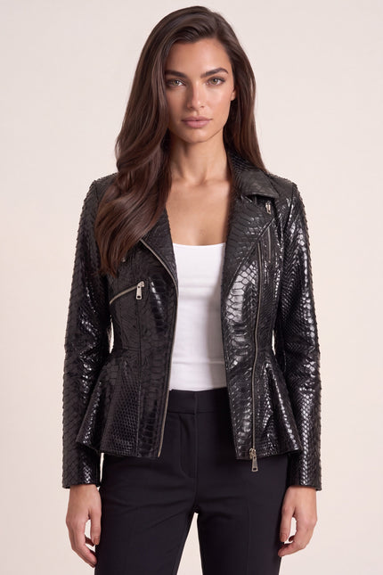 Snakeskin Peplum Jacket - Black - macro view