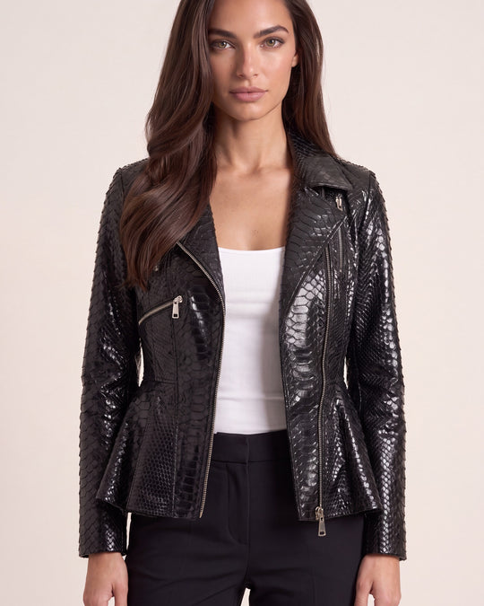 Snakeskin Peplum Jacket - Black - macro view