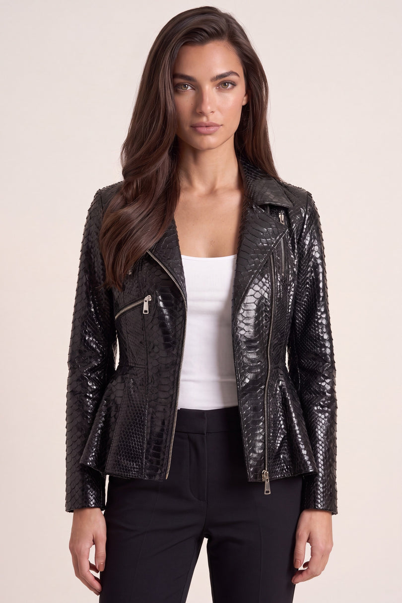 Snakeskin Peplum Jacket - Black - macro view