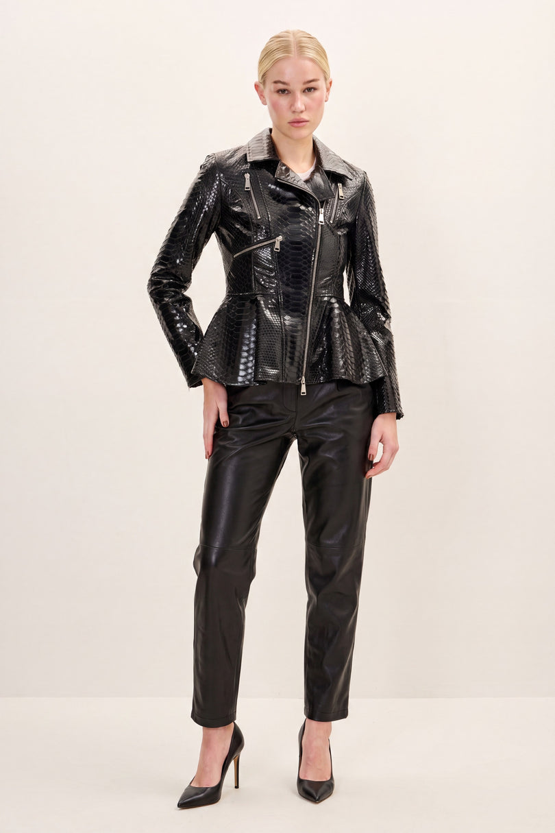 Snakeskin Peplum Jacket - Black - front view