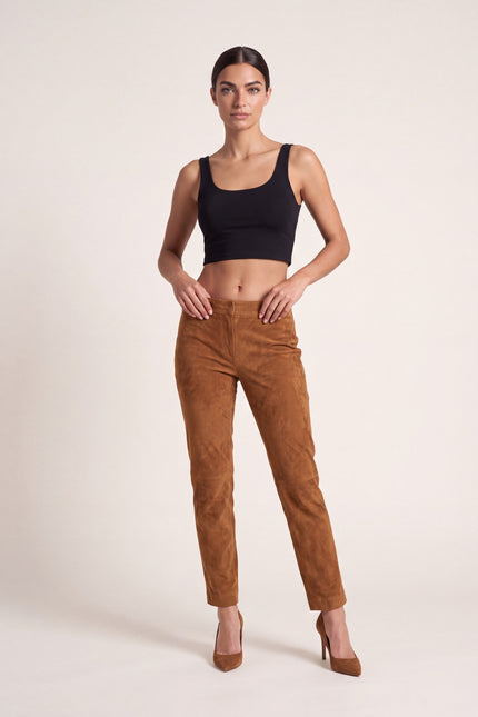 Lambskin Suede Pants - Brown - front view