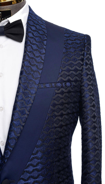 Contrast Placket Lace Tuxedo Jacket - Navy - Ron Tomson