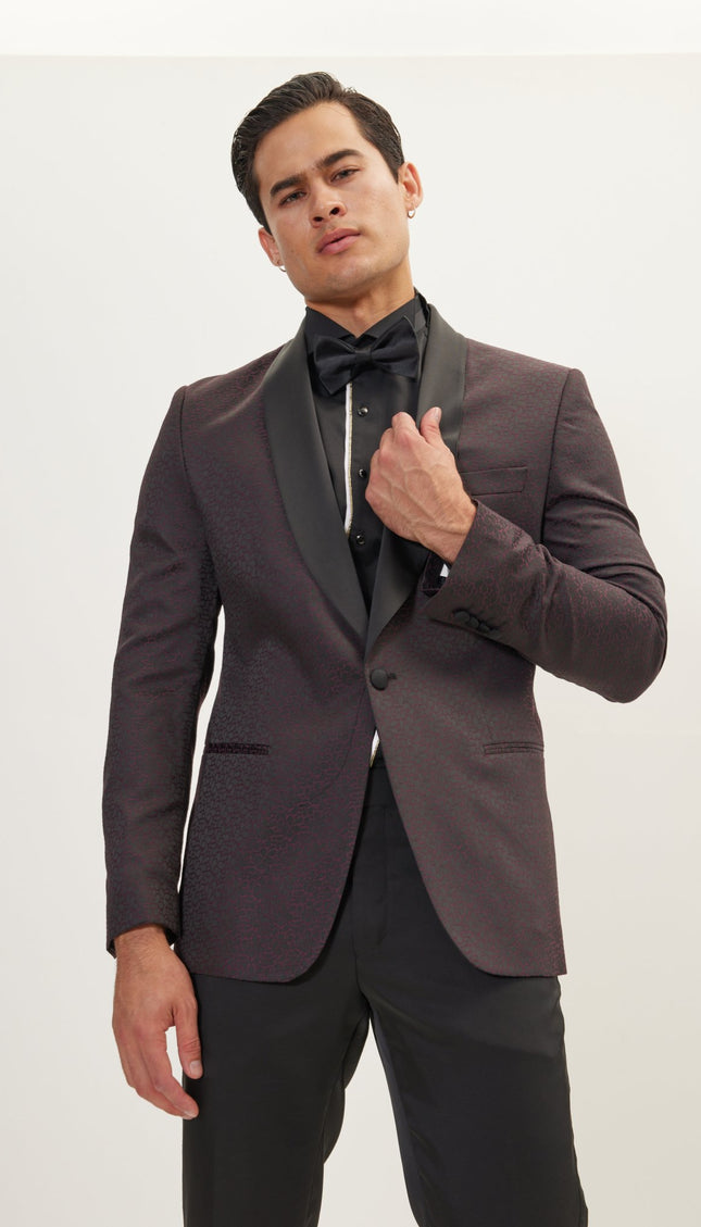 Contrast Shawl Lapel Tuxedo Jacket - Black Burgundy - Ron Tomson