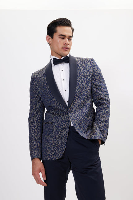 Contrast Shawl Lapel Tuxedo Jacket - Navy Beige - Ron Tomson