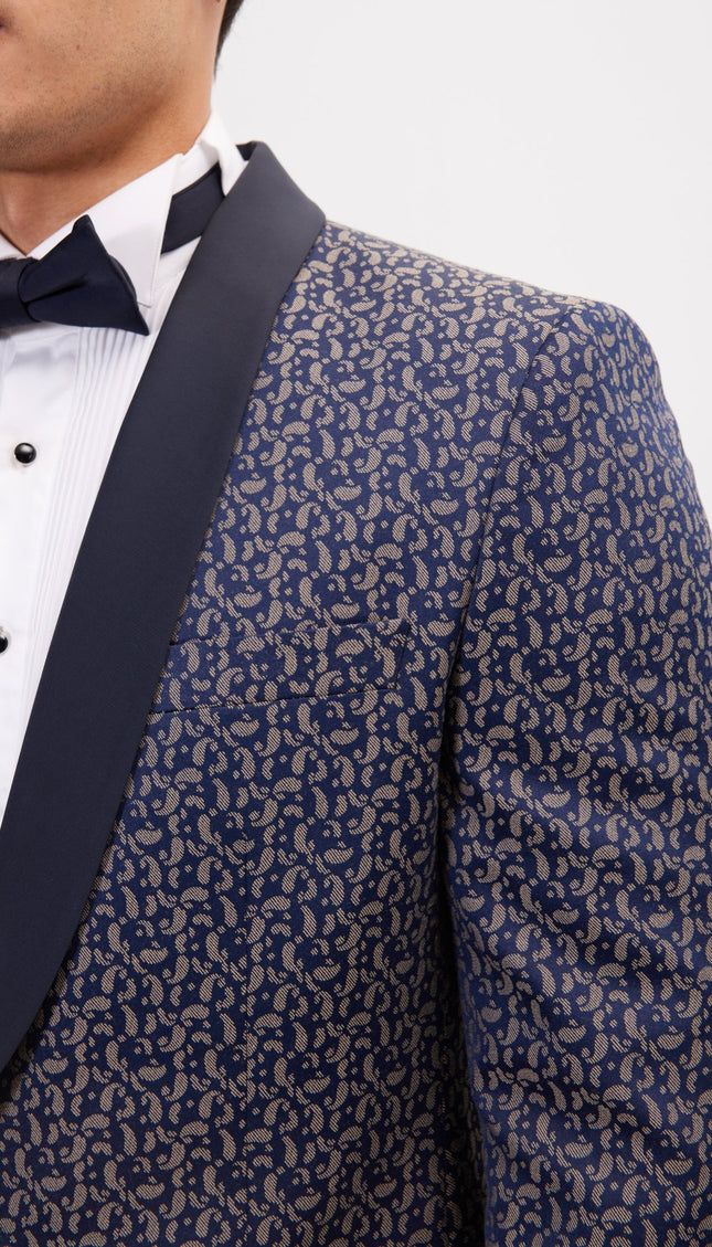 Contrast Shawl Lapel Tuxedo Jacket - Navy Beige - Ron Tomson