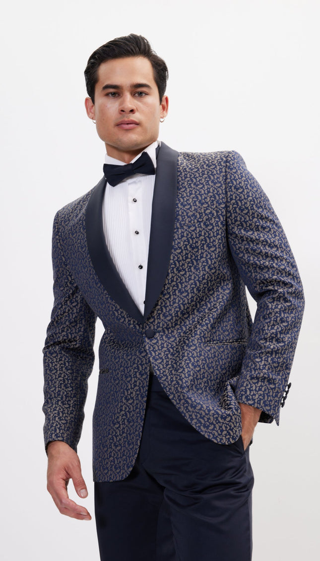 Contrast Shawl Lapel Tuxedo Jacket - Navy Beige - Ron Tomson