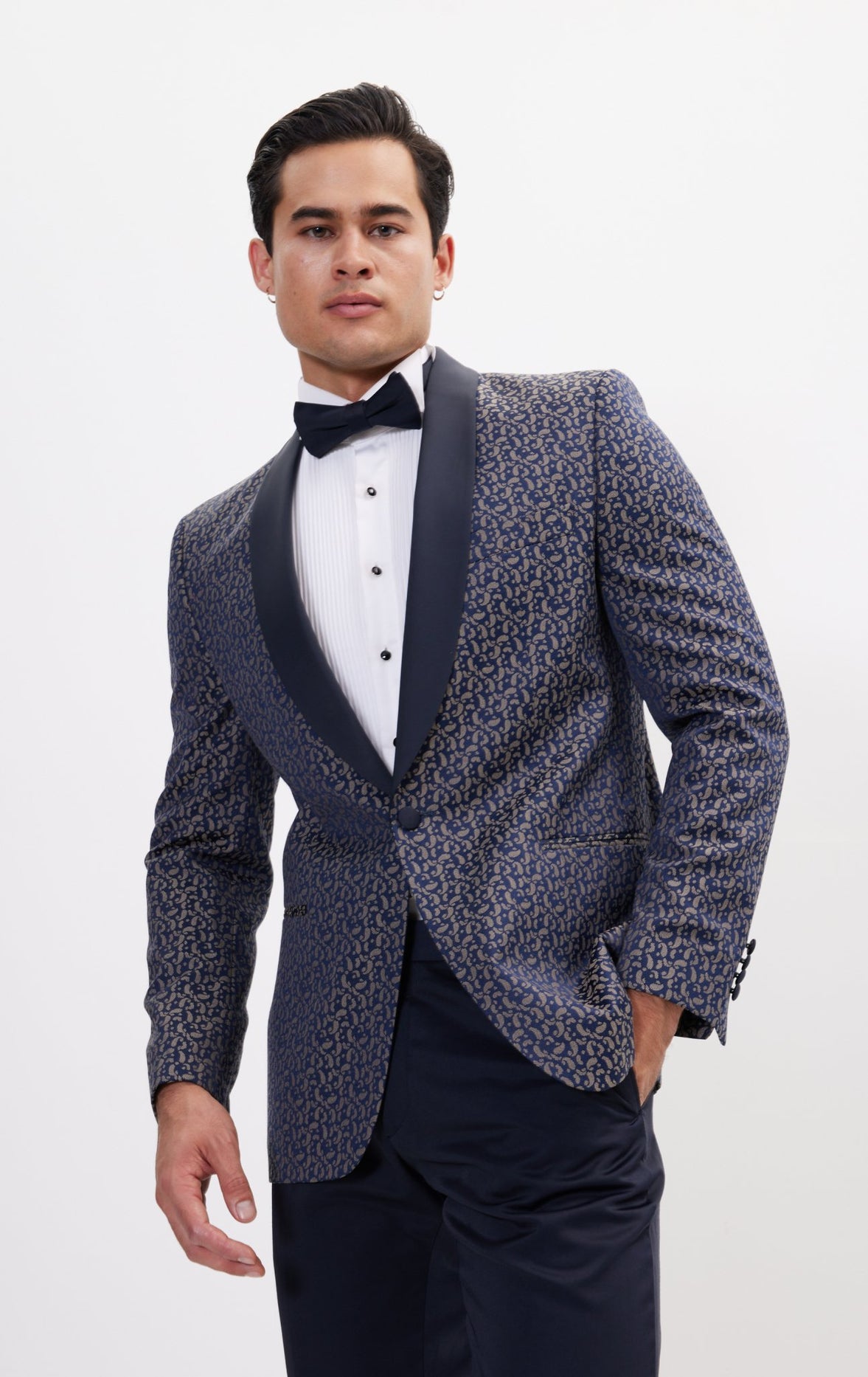 Contrast Shawl Lapel Tuxedo Jacket - Navy Beige - Ron Tomson