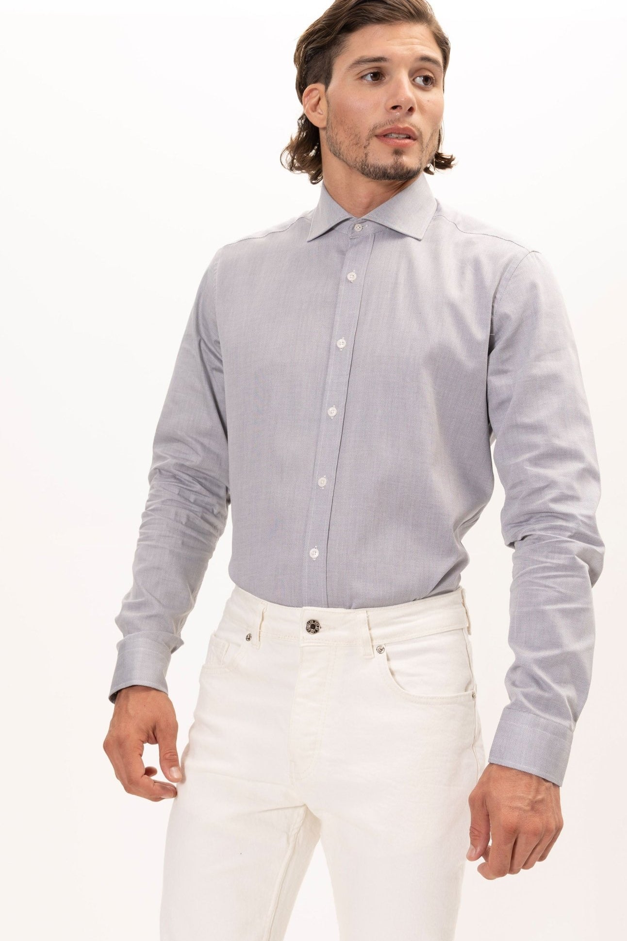 Convertible Cuff Oxford Cotton Spread Collar Dress Shirt - Grey - Ron Tomson