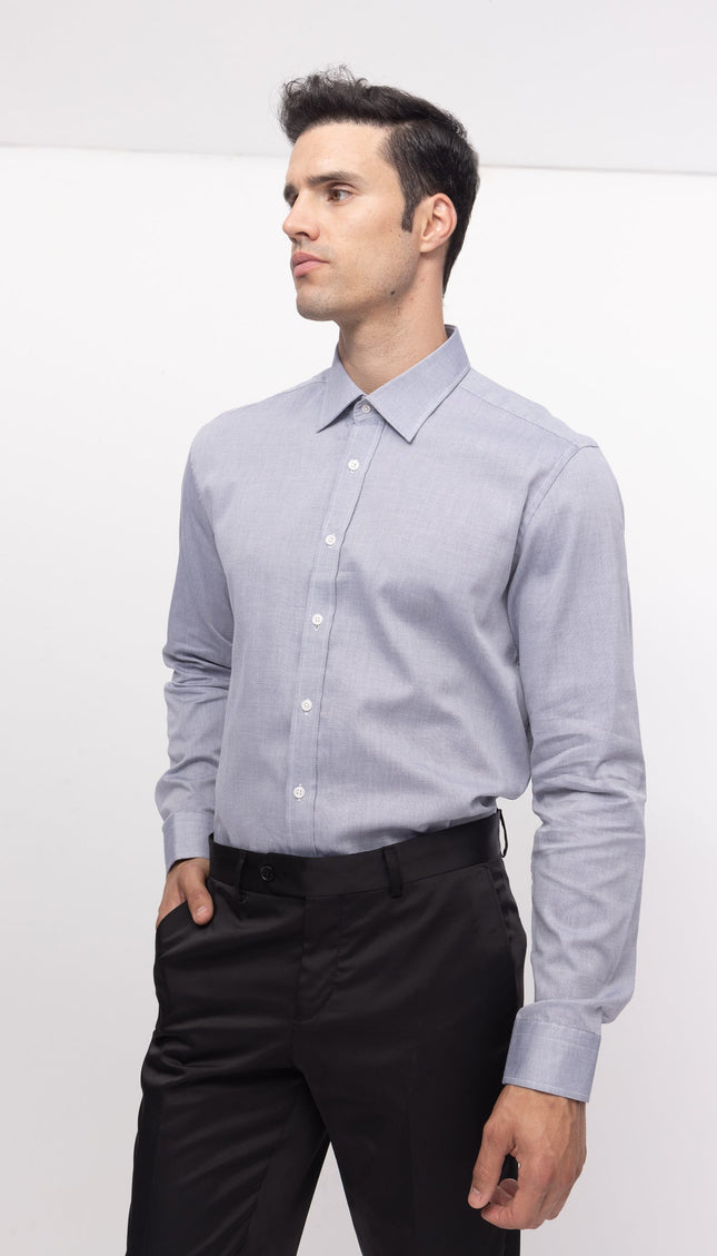Convertible Cuff Oxford Cotton Spread Collar Dress Shirt - Grey - Ron Tomson