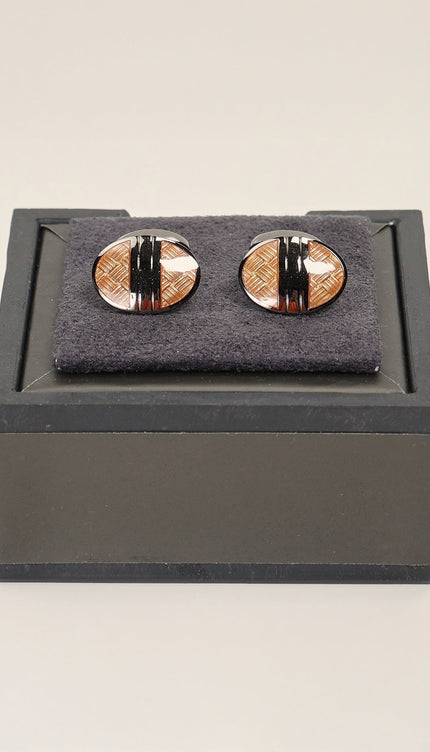 Copy Of Brushed Herringbone Stainless Steel Cufflinks Brown Chrome - Ron Tomson