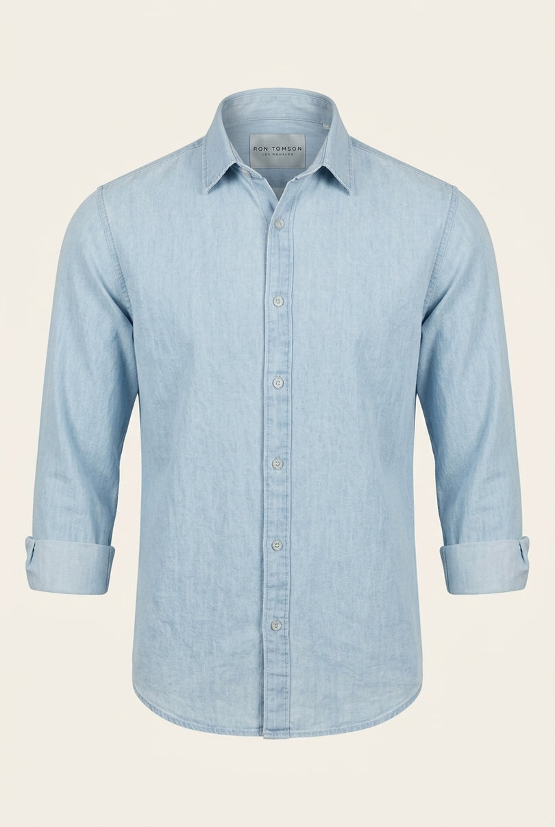 Cotton Chambray Shirt - Blue - Front