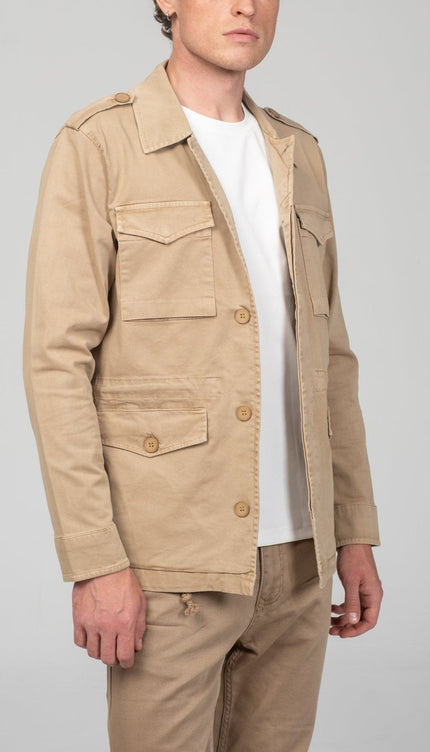 Cotton Fitted Utility Jacket - Stone - Ron Tomson