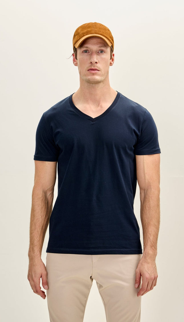 Cotton V - Neck T-Shirt - Navy - Ron Tomson