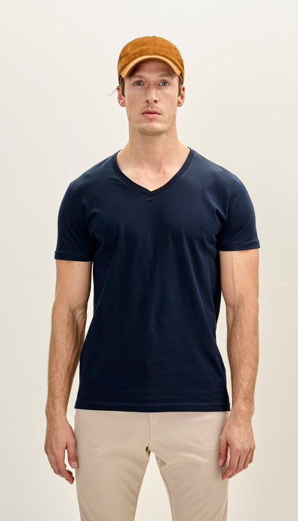 Cotton V - Neck T-Shirt - Navy - Ron Tomson