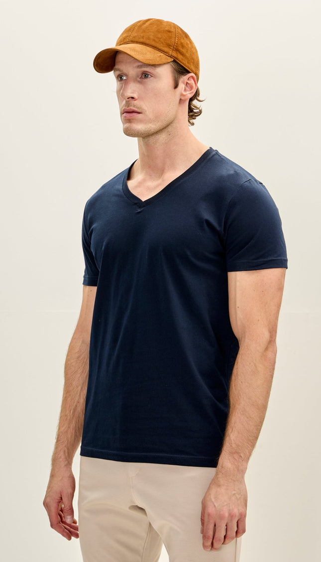 Cotton V - Neck T-Shirt - Navy - Ron Tomson