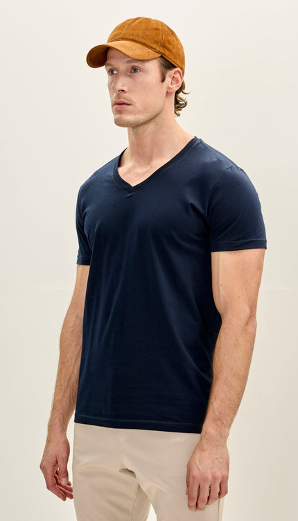 Cotton V - Neck T-Shirt - Navy - Ron Tomson