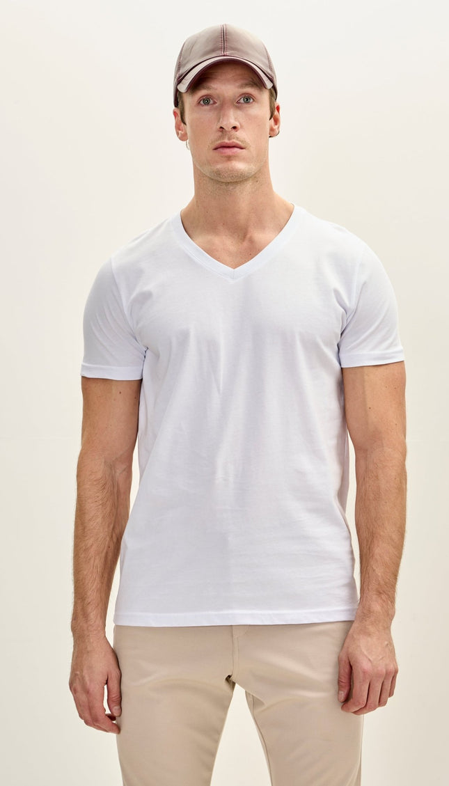 Cotton V - Neck T-Shirt - White - Ron Tomson