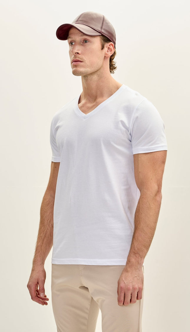 Cotton V - Neck T-Shirt - White - Ron Tomson