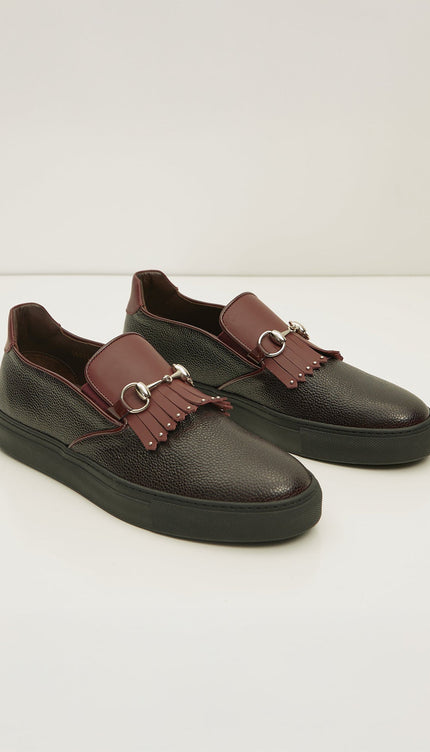 Cracked Leather Slip On Sneakers - Black Burgundy - D - Ron Tomson