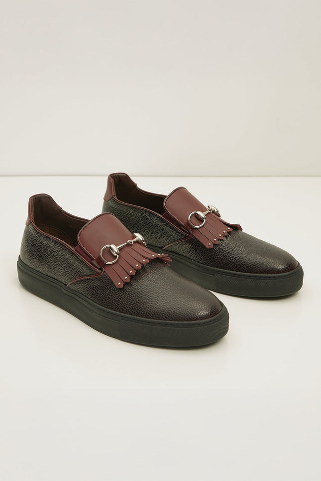 Cracked Leather Slip On Sneakers - Black Burgundy - D - Ron Tomson