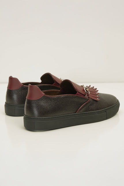 Cracked Leather Slip On Sneakers - Black Burgundy - D - Ron Tomson