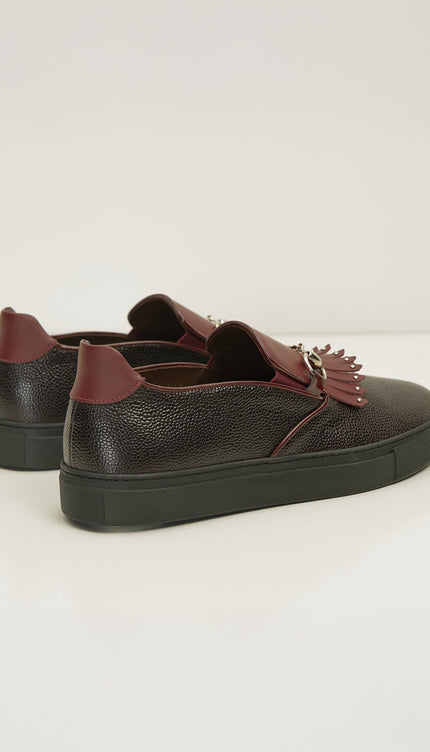 Cracked Leather Slip On Sneakers - Black Burgundy - D - Ron Tomson