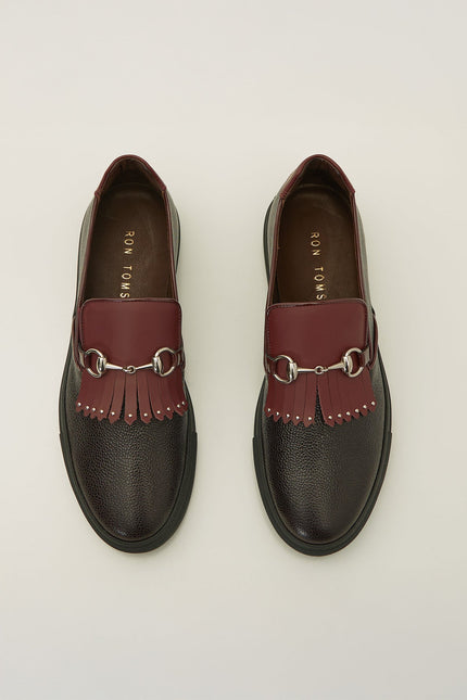 Cracked Leather Slip On Sneakers - Black Burgundy - D - Ron Tomson