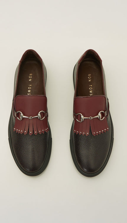 Cracked Leather Slip On Sneakers - Black Burgundy - D - Ron Tomson