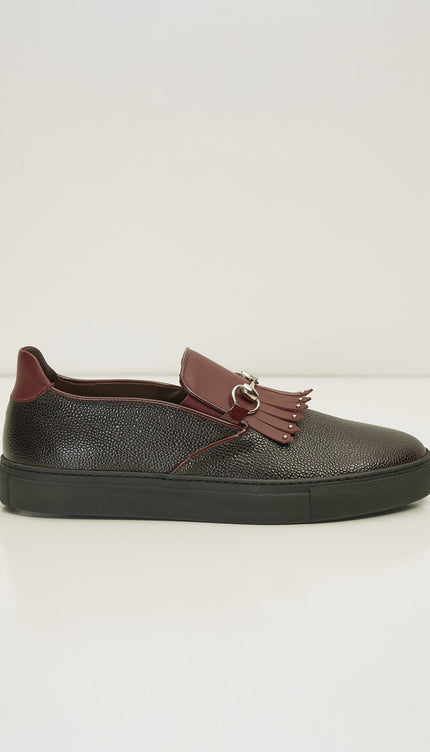 Cracked Leather Slip On Sneakers - Black Burgundy - D - Ron Tomson