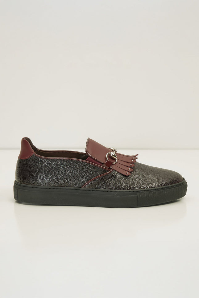 Cracked Leather Slip On Sneakers - Black Burgundy - D - Ron Tomson
