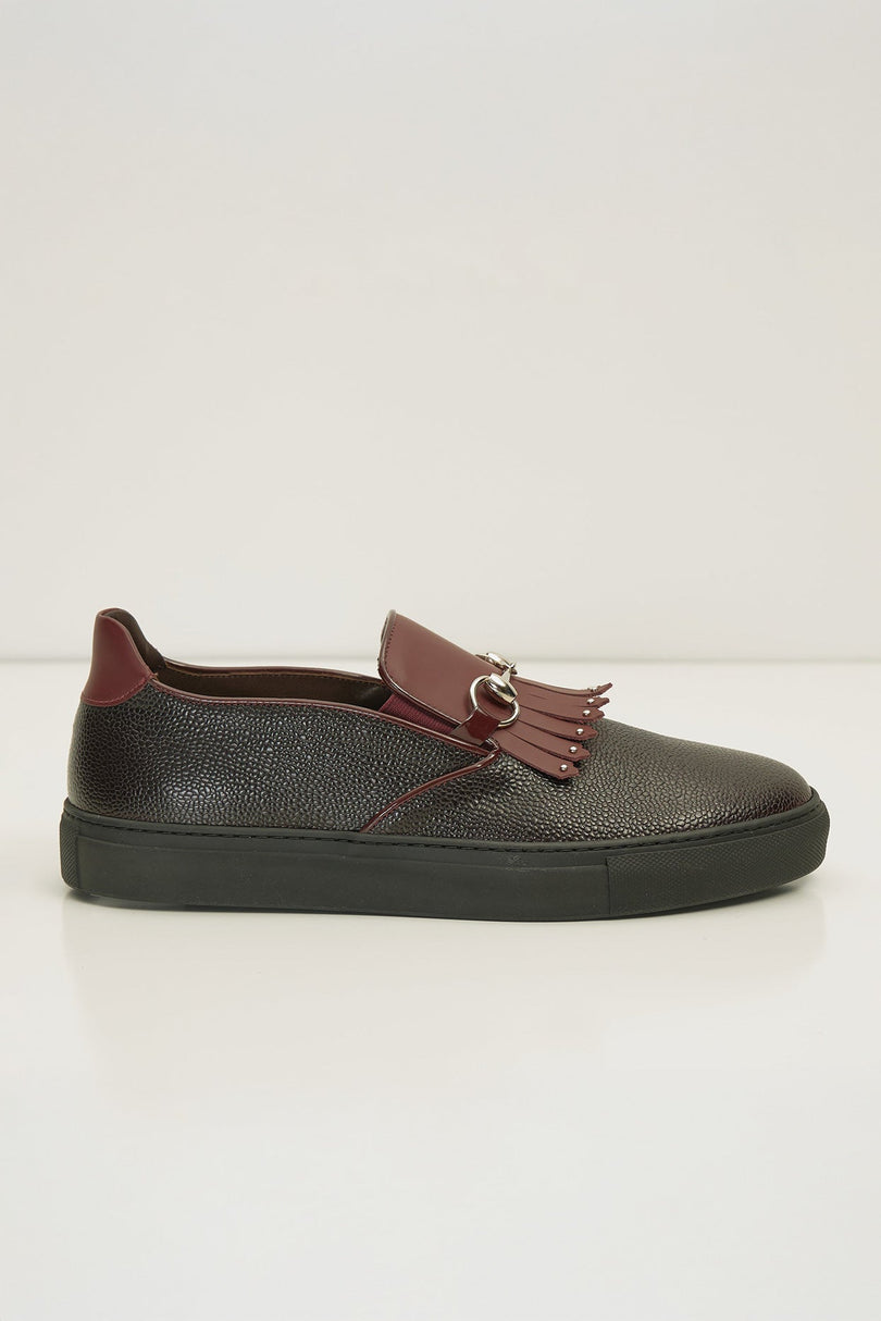 Cracked Leather Slip On Sneakers - Black Burgundy - D - Ron Tomson