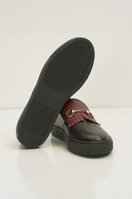 Cracked Leather Slip On Sneakers - Black Burgundy - D - Ron Tomson