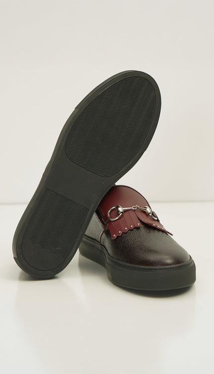 Cracked Leather Slip On Sneakers - Black Burgundy - D - Ron Tomson