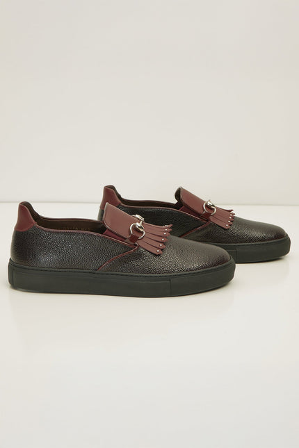 Cracked Leather Slip On Sneakers - Black Burgundy - D - Ron Tomson