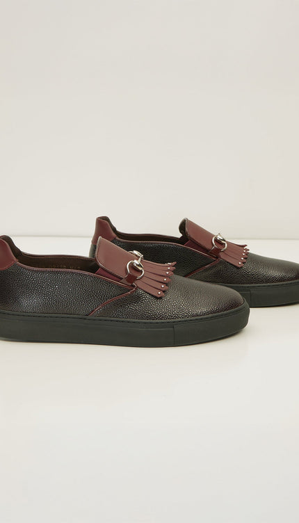 Cracked Leather Slip On Sneakers - Black Burgundy - D - Ron Tomson