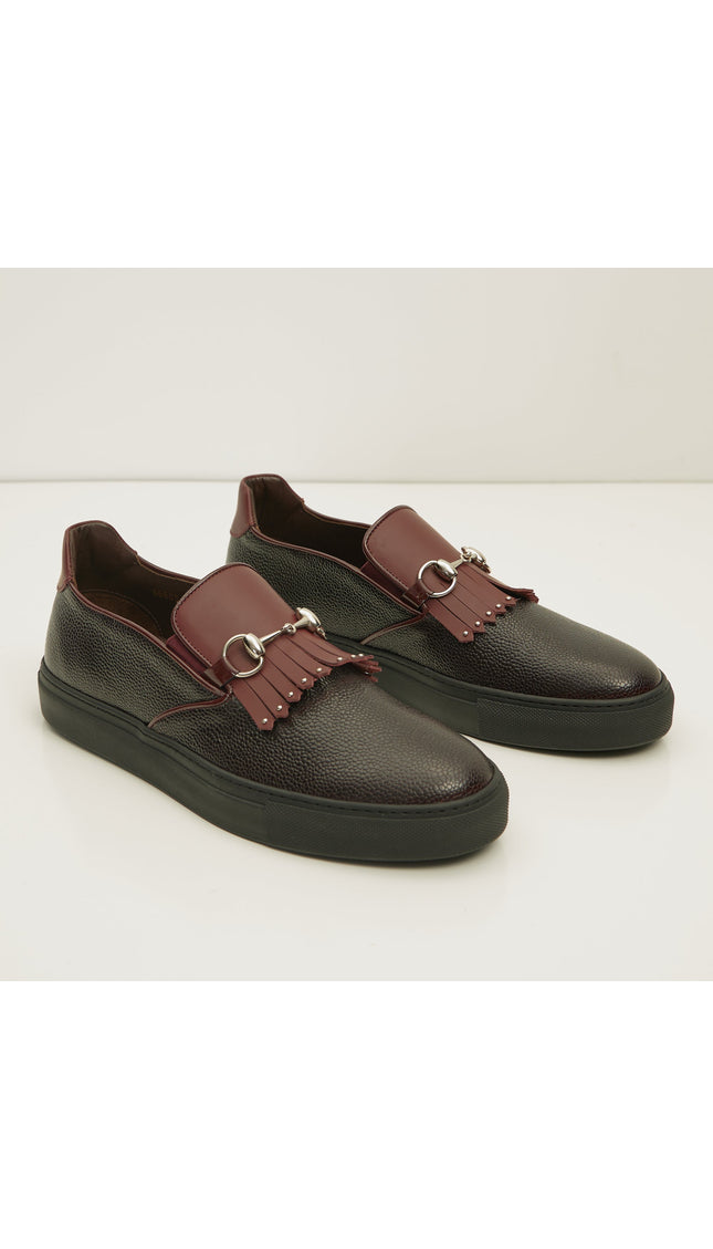 Cracked Leather Slip On Sneakers - Black Burgundy - D - Ron Tomson