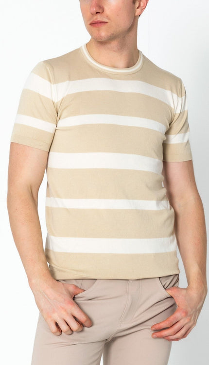 Crew-neck Knitted Striped Shirt - Beige - Ron Tomson