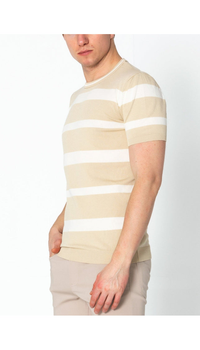 Crew-neck Knitted Striped Shirt - Beige - Ron Tomson