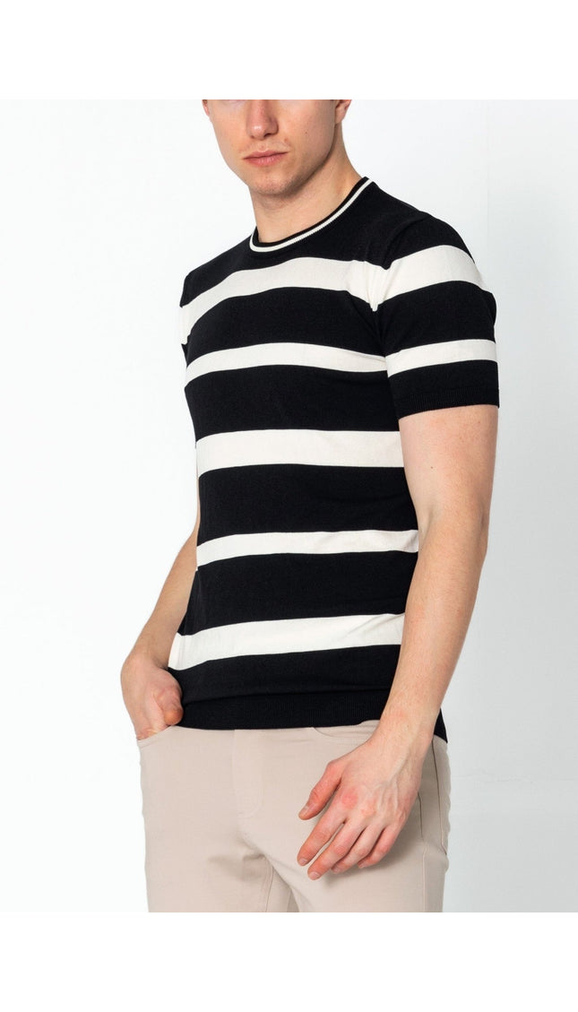 Crew-neck Knitted Striped Shirt - Black - Ron Tomson