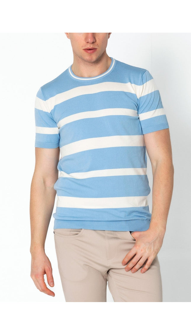 Crew-neck Knitted Striped Shirt - Blue - Ron Tomson