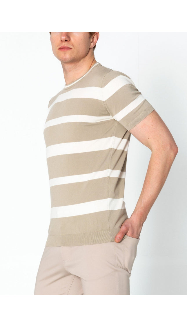 Crew-neck Knitted Striped Shirt - Dark Beige - Ron Tomson
