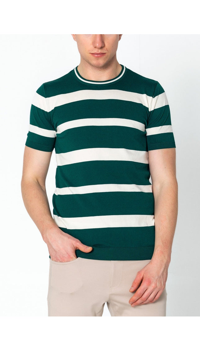 Crew-neck Knitted Striped Shirt - Green - Ron Tomson