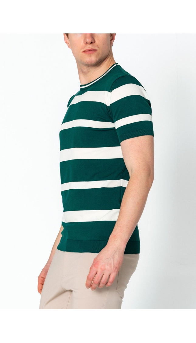 Crew-neck Knitted Striped Shirt - Green - Ron Tomson