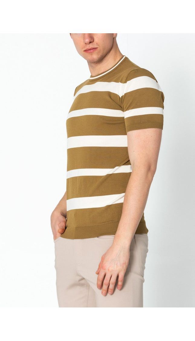 Crew-neck Knitted Striped Shirt - Mustard - Ron Tomson