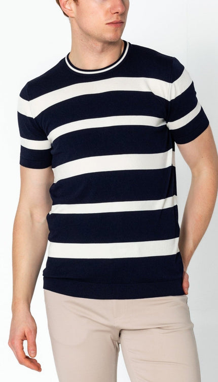 Crew-neck Knitted Striped Shirt - Navy - Ron Tomson