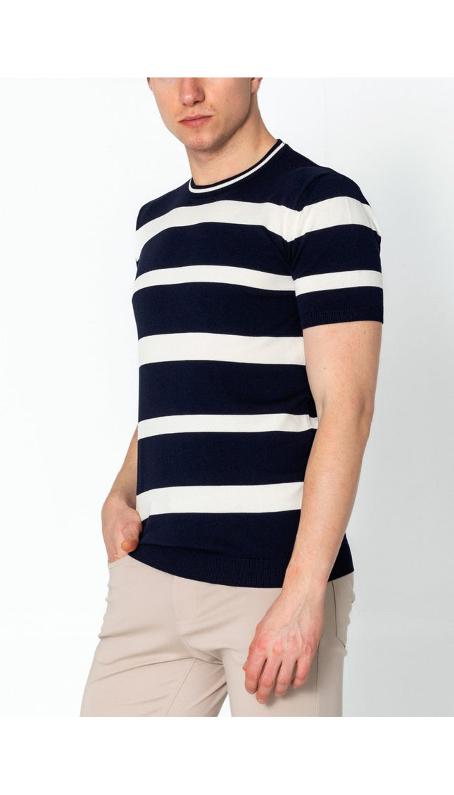Crew-neck Knitted Striped Shirt - Navy - Ron Tomson