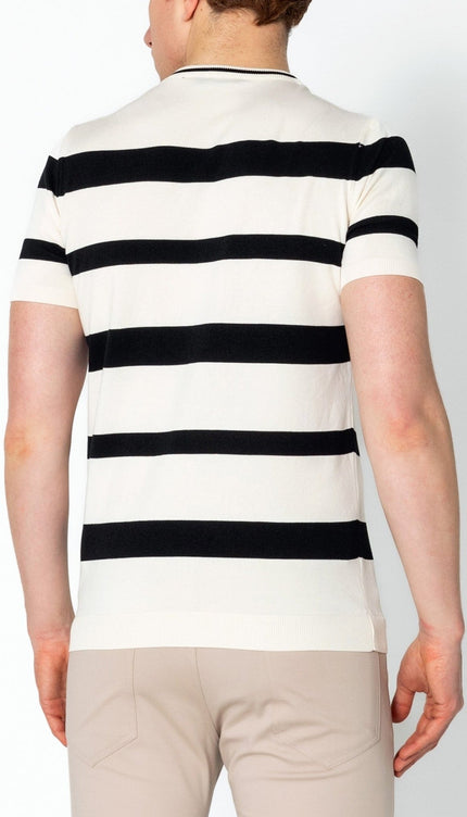 Crew-neck Knitted Striped Shirt - Off White - Ron Tomson